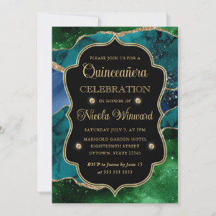 Invitation Bleu, Vert et Or Paillettes Agate Quinceanera
