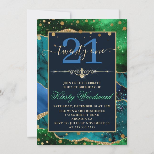Invitation Bleu & Vert & Faux Gold Parties scintillant Agate  (Devant)