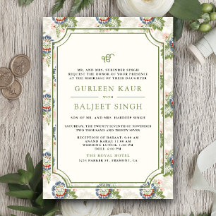 Invitation Bleu Vert Floral Ikat Anand Karaj Mariage Sikh