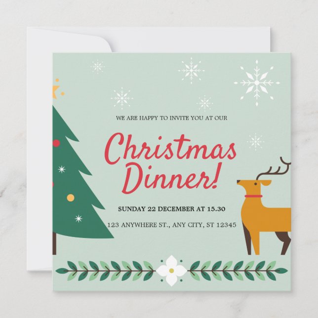 Invitation Bleu Vert Folk Illustration Dîner de Noël (Devant)