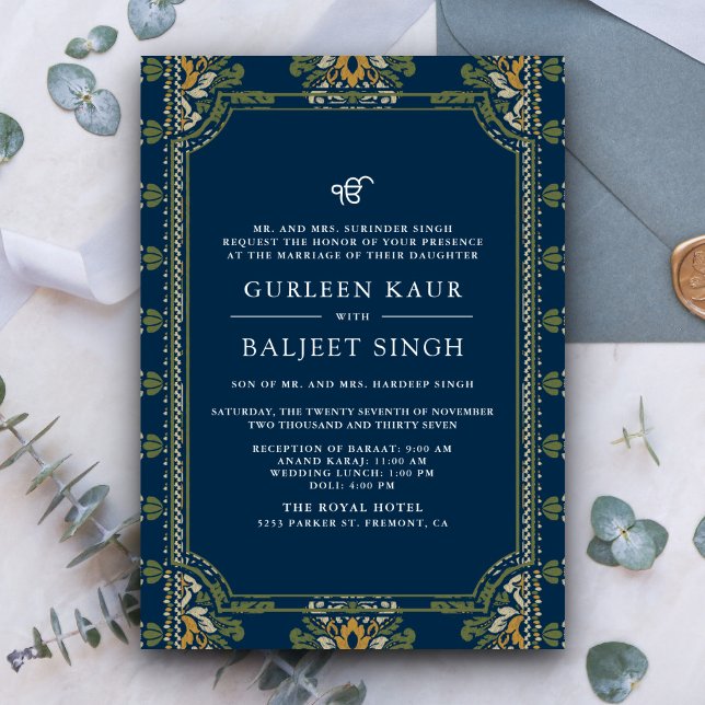 Invitation Bleu Vert Jaune Ikat Anand Karaj Sikh Mariage (Créateur téléchargé)