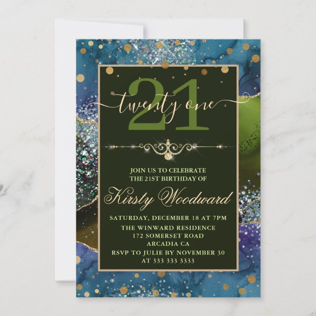 Invitation Bleu & Vert & Or Parties scintillant Agate Anniver (Devant)