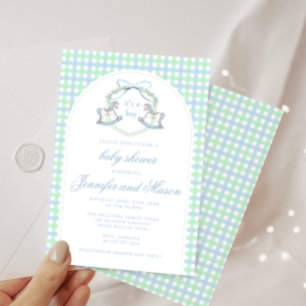 Invitation Bleu vert rocking cheval boho arc bébé garçon douc
