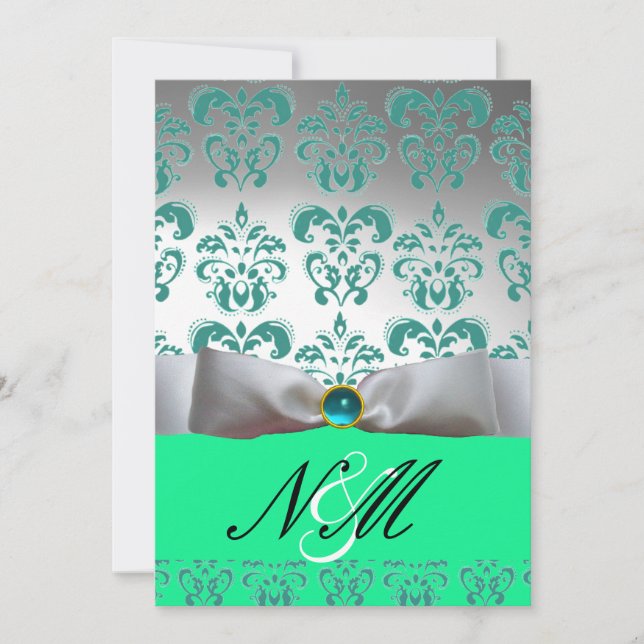 INVITATION BLEU VERT  RUBAN BLANC  MONOGRAMME EN DAMAS NOIR (Devant)