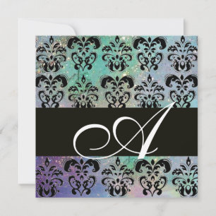 Invitation BLEU VERT TURQUOISE BLACK DAMASK MONOGRAM, blanc