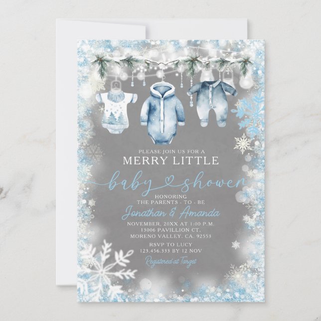 Invitation Bleu Vêtements Bébé Baby shower de flocons de neig (Devant)