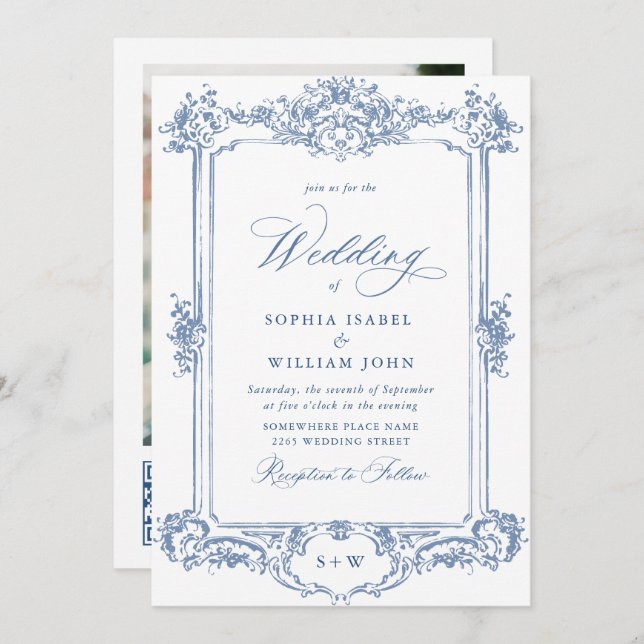 Invitation Bleu Victorian Ornate Grace Floral Mariage QR code (Devant / Derrière)