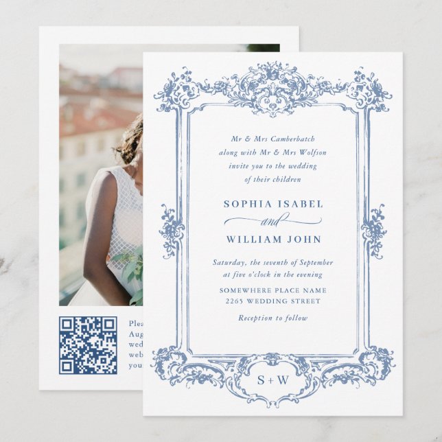 Invitation Bleu Victorian Ornate Grace Floral Mariage QR code (Devant / Derrière)