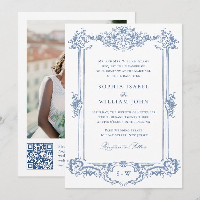 Invitation Bleu Victorian Ornate Grace Floral Mariage QR code (Devant / Derrière)