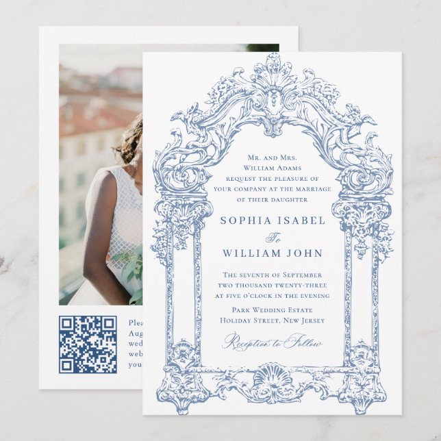 Invitation Bleu Victorian Ornate Grace Floral Mariage QR code (Devant / Derrière)