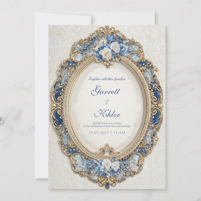 Invitation Bleu victorien avec Mariage de cadre or Roses blan (Devant)