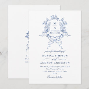 Invitation Bleu Victorien Mariage Orné Floral Crest