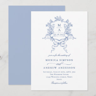 Invitation Bleu Victorien Mariage Orné Floral Crest