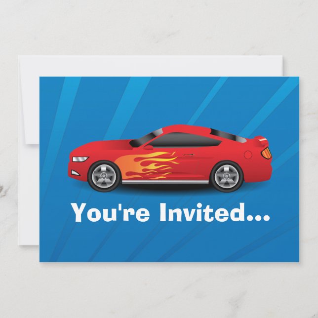 Invitation Bleu vif avec les voitures Red Sports Flames Kids  (Devant)