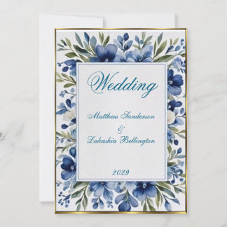Invitation Bleu vintage Mariage à fleurs Beau Blanc