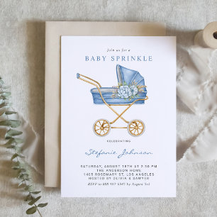 Invitation Bleu Vintage poussette C'est un bébé saupoudré