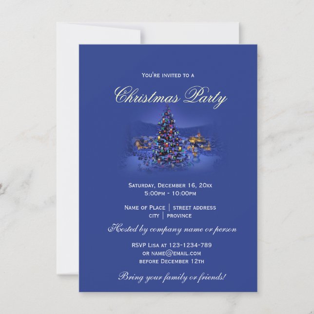 Invitation Bleu vintage sapin de Noël fête enneigée (Devant)