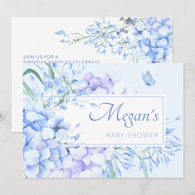 Invitation Bleu violet fleuri baby shower élégant (Devant / Derrière)