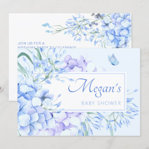 Invitation Bleu violet fleuri baby shower élégant