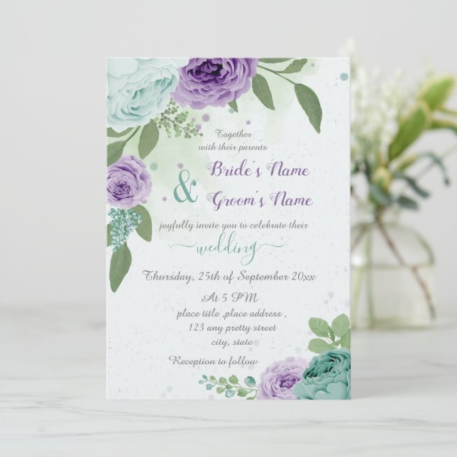 Invitation bleu violet fleurs vert feuille mariage (Debout devant)
