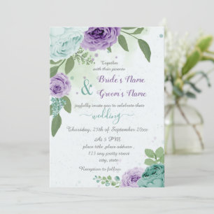 Invitation bleu violet fleurs vert feuille mariage