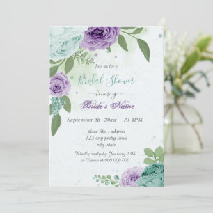 Invitation bleu violet fleurs vert feuille nuptiale douche