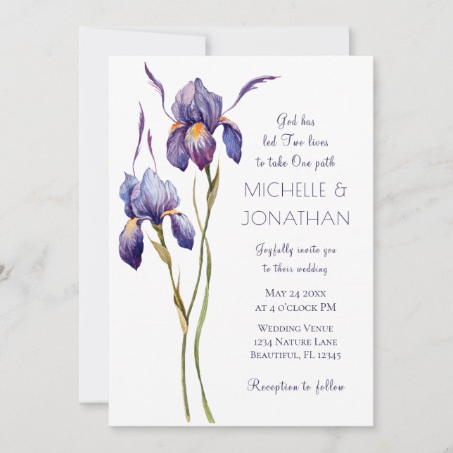 Invitation Bleu violet Iris Floral moderne Mariage chrétien (Devant)