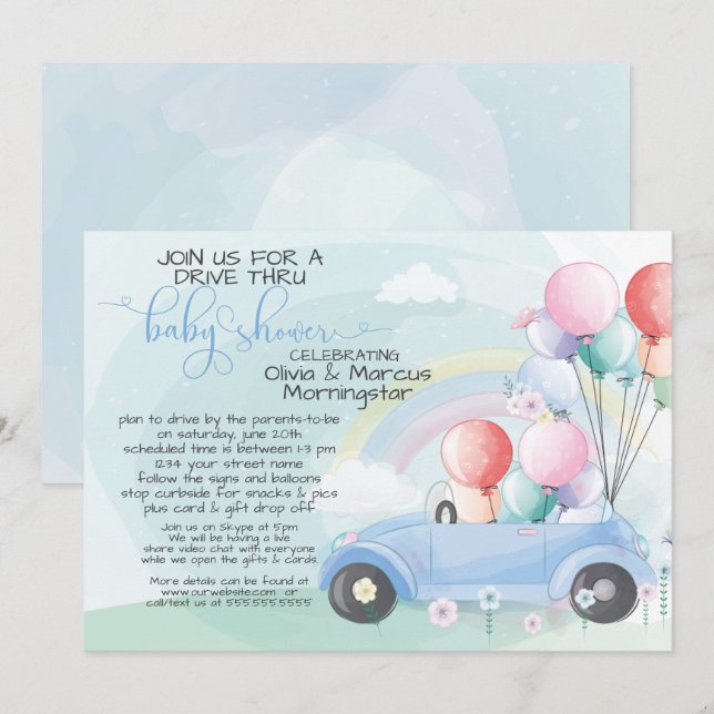 Invitation Bleu Voiture Balloons Drive À travers le Baby show (Devant / Derrière)