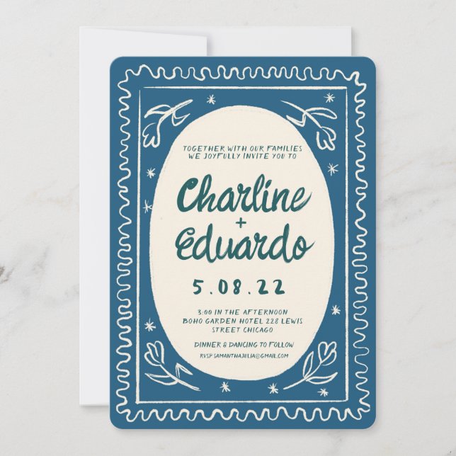 Invitation Bleu Wavy Handwriting Mariage moderne (Devant)
