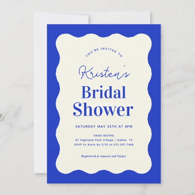 Invitation Bleu Wavy Retro Français Douche nuptiale Invitatio (Devant)