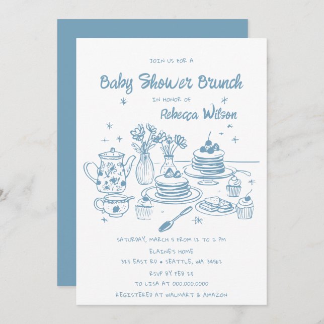 Invitation Bleu Whimsical main tiré Baby shower garçon Brunch (Devant / Derrière)