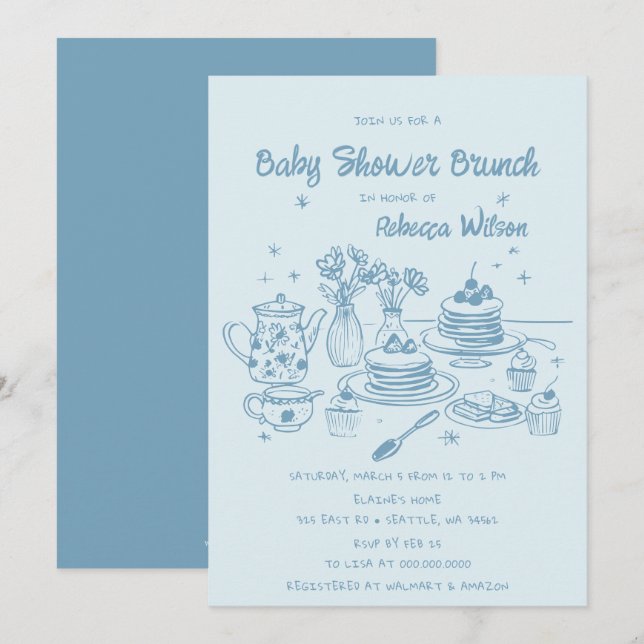 Invitation Bleu Whimsical main tiré Baby shower garçon Brunch (Devant / Derrière)
