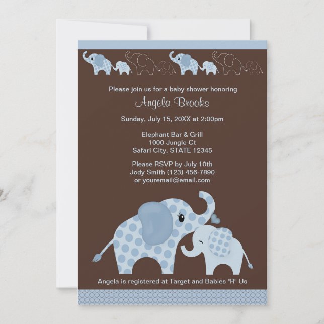 Invitation bleue CE-B de baby shower d'ÉLÉPHANT (Devant)