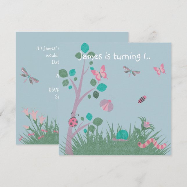 INVITATION BLEUE CHALKBOARD WOODLAND BOGUE BUTTERFLIES ANNIVE (Devant / Derrière)