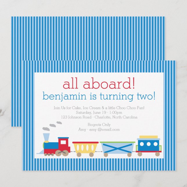 Invitation bleue d'anniversaire de train (Devant / Derrière)