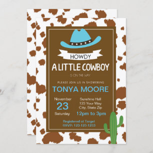 Invitation bleue de baby shower de cowboy