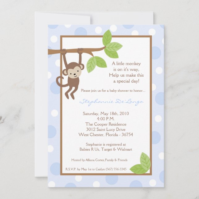 invitation bleue de baby shower de jungle de singe (Devant)
