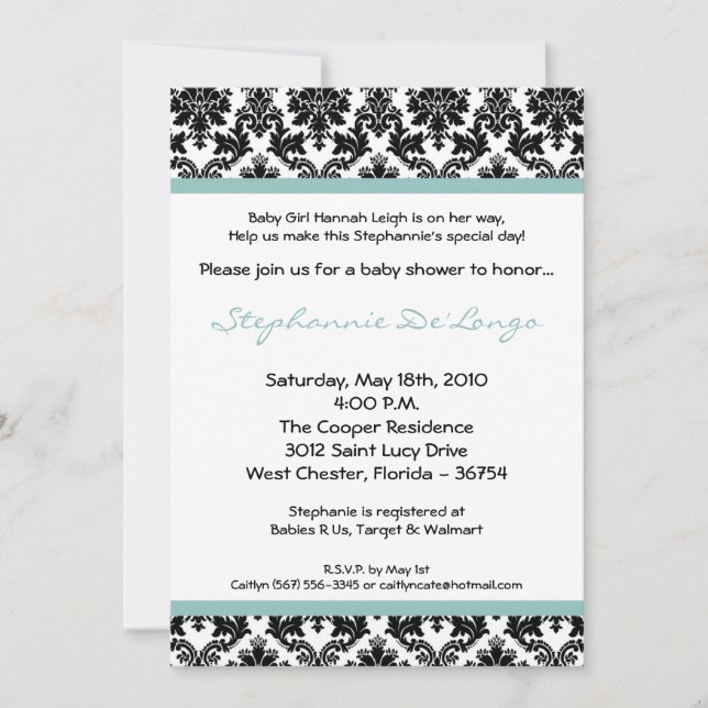 invitation bleue de baby shower de la damassé 5x7 (Devant)
