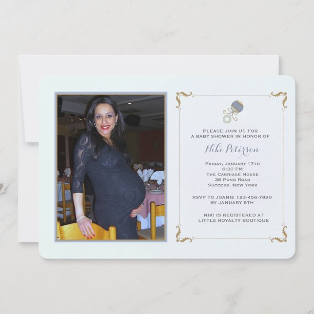 Invitation bleue de baby shower de photo de hochet (Devant)