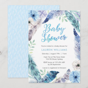 Invitation bleue de baby shower de plume de Boho