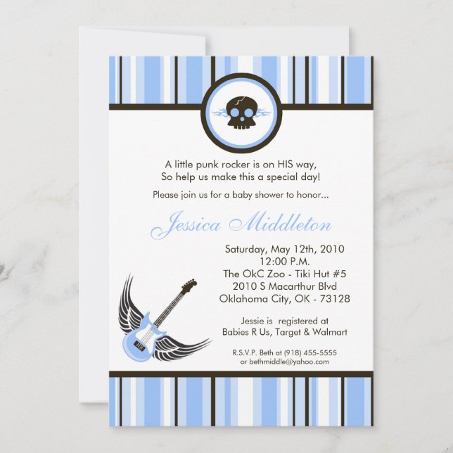 invitation bleue de baby shower de rocker punk du (Devant)