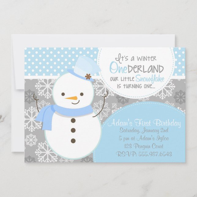 Invitation bleue de bonhomme de neige d'ONEderland (Devant)