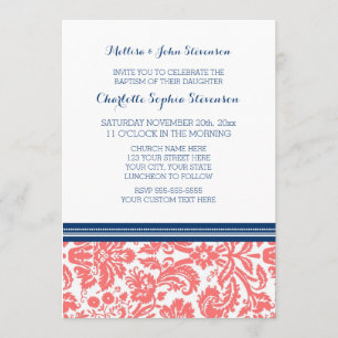 Invitation bleue de corail de baptême de damassé