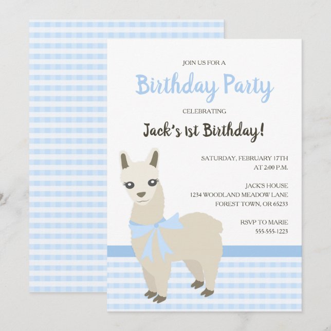 Invitation bleue de fête d'anniversaire d'alpaga (Devant / Derrière)