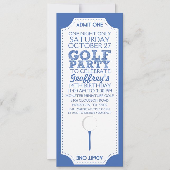 Invitation bleue de fête d'anniversaire de golf de (Devant)