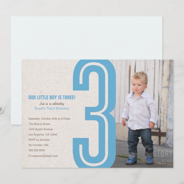 Invitation bleue de fête d'anniversaire du numéro (Devant / Derrière)