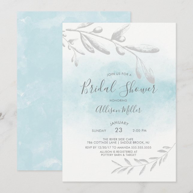 Invitation bleue de Fête de la mariée d'aquarelle (Devant / Derrière)