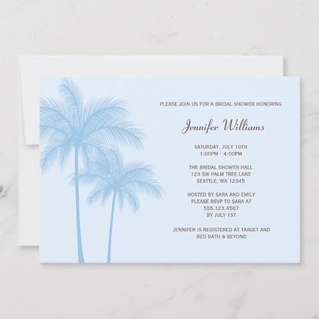 Invitation bleue de Fête de la mariée de palmier (Devant)