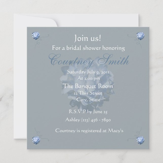 Invitation bleue de Fête de la mariée d'hortensia (Devant)