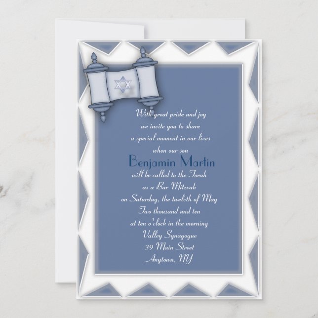 Invitation bleue de Mitzvah de barre de Torah (Devant)